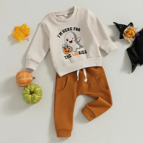 Miniatura 71 de Adobabirl Conjunto de sudadera y pantalones de Halloween para bebé, sudadera y pantalones con parche de calabaza para Halloween, otoño, ropa de bebé