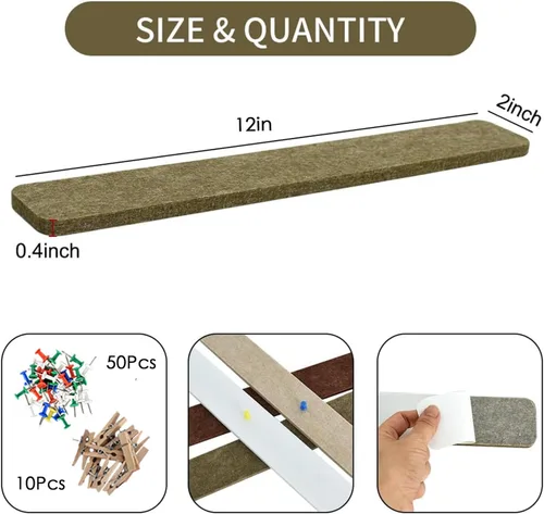 Miniatura 2 de Vuzvuv 8 tiras para tablón de anuncios con 50 chinchetas y 10 clips de madera, tablero de corcho autoadhesivo para pared, tablero de fieltro