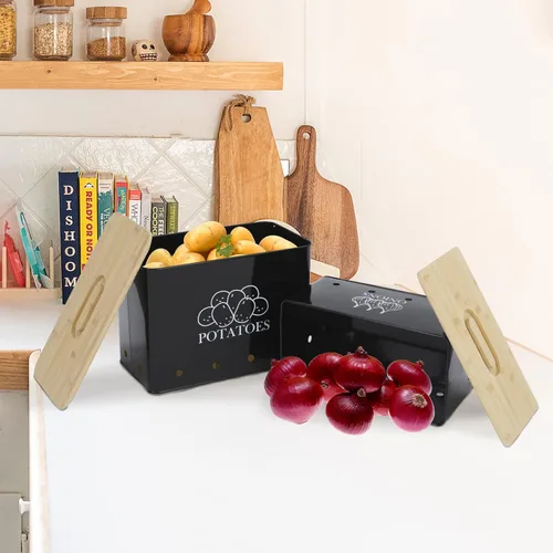 Miniatura 5 de Juego de 2 contenedores de almacenamiento de papas y cebollas, almacenamiento de verduras de metal ventilado con tapas de madera, recipientes
