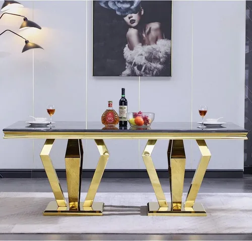 Miniatura 2 de ACEDÉCOR Juego de 4 mesas de comedor, mesa rectangular con parte superior textil, base geométrica de metal y 4 sillas de comedor de piel sintética