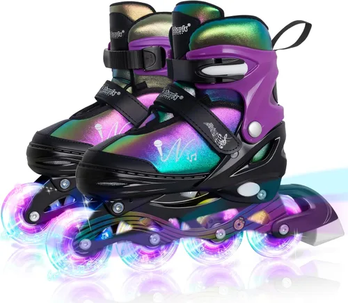 Miniatura 8 de Nattork Patines en línea ajustables para niños y adolescentes con ruedas iluminadas, color degradado, deslizamiento suave Negro