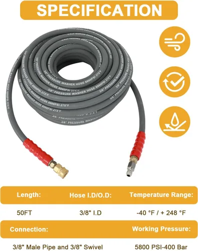 Miniatura 3 de OCPTY Water Pressure Washer Hose 3/8" 50ft 6000 psi Gray 2-Braid R2 Kink Resistant, Hot and Cold Water Max 248°F, Non-Marking