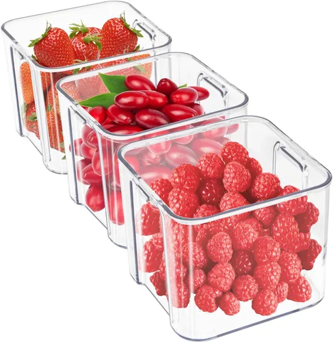 Miniatura 12 de Cajón apilable para nevera con asas, paquete de 3 recipientes grandes transparentes para alimentos con divisores extraíbles, caja de almacenamiento