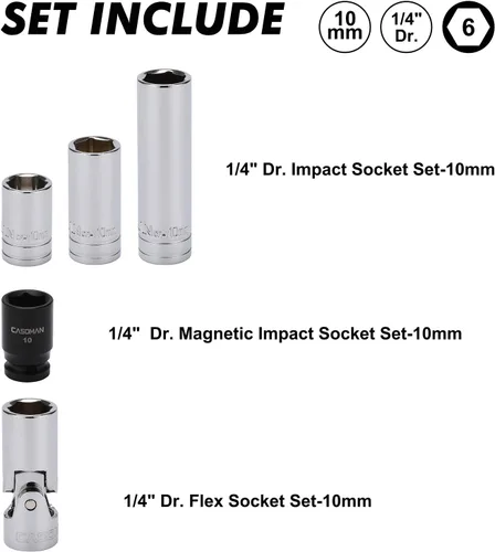 Miniatura 2 de CASOMAN Juego de 10 piezas de enchufe de impacto y enchufe flexible, 1/4" y 3/8" Dr., 6 puntos, 10 mm, métrico, incluye enchufe de impacto