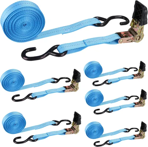 6 correas de amarre resistentes de 1 pulgada de 20 pies con ganchos, resistencia a la rotura de 2200 libras, correas de trinquete de carga para Azul