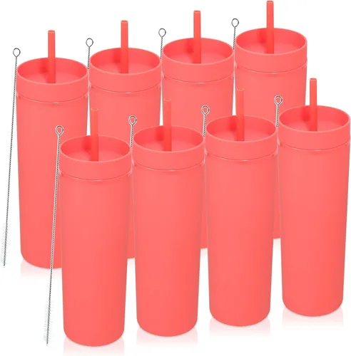 Miniatura 9 de Volhoply Paquete a granel de 4 vasos delgados de plástico de 20 onzas, vaso de doble pared con tapa y popote, taza reutilizable de viaje para café