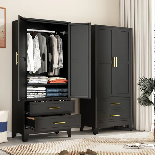 Miniatura 13 de Ckzbx Armario Ropero de Metal de 71" de Alto con Espejo, Estantes Ajustables, Barra para Secar Ropa, Gabinete Ropero de Acero para Dormitorio (Negro)
