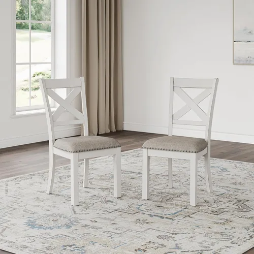 Miniatura 2 de Signature Design by Ashley Robbinsdale - Silla de comedor tapizada casual de madera maciza con ribete de cabeza de clavo, juego de 2, blanco y gris