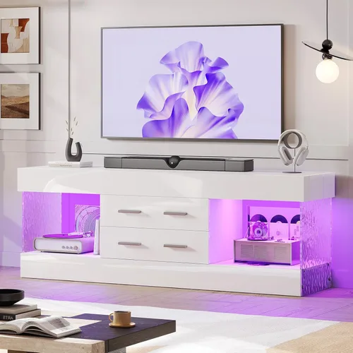 Miniatura 10 de Bestier Soporte de TV negro para TV de 55/60/65 pulgadas, soporte de TV moderno de alto brillo con paneles laterales con estampado de piedra, centro