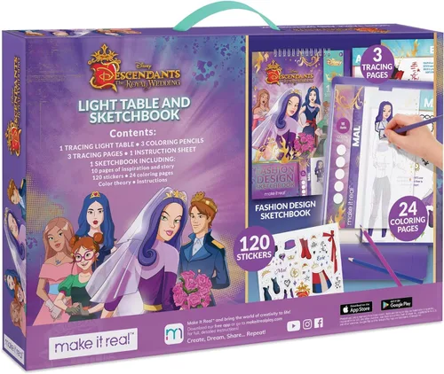 Miniatura 3 de Make It Real - Cuaderno de bocetos de boda real de Disney Descendants con mesa de luz de trazado. Kit de dibujo y trazado de diseño de moda