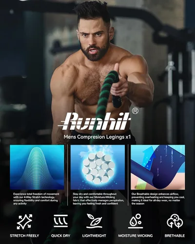 Miniatura 4 de Runhit Pantalones de compresión para hombre, mallas para correr, leggings de entrenamiento, pantalones atléticos de capa base para deportes, yoga