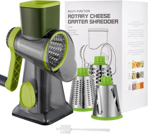 Miniatura 12 de Rallador de queso con manivela de mano, trituradora giratoria de verduras con asa, ralladores 3 en 1 con cuchillas intercambiables y base de succión