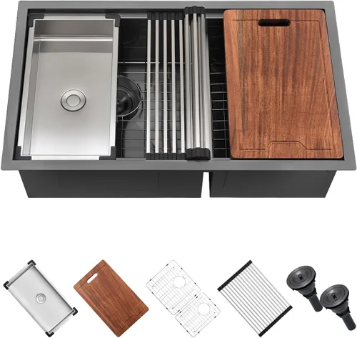 Scamall - Fregadero de cocina doble de 32 pulgadas de montaje bajo encimera color negro, 32 x 19 x 10 pulgadas, acero inoxidable 304 calibre 16,
