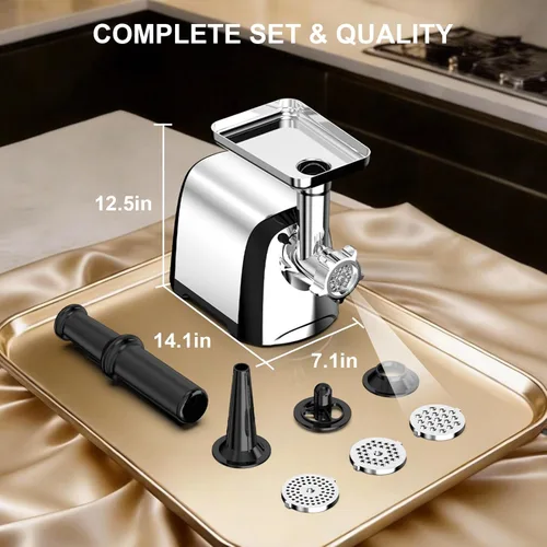 Miniatura 5 de Picadora de carne eléctrica, 2600 W máx. 3 en 1, relleno de salchichas de alta resistencia con tubo de salchicha y kit de kubbe, 3 placas