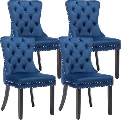 Miniatura 22 de KCC Nikki Collection - Juego de 4 sillas de comedor de terciopelo tapizadas de alta gama con anillo trasero de clavo, patas de madera maciza