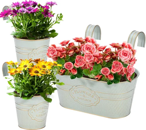 Miniatura 12 de PerGar Paquete de 3 macetas de metal para exteriores, macetas colgantes de 10.6 pulgadas con ganchos desmontables y agujeros de drenaje, jardineras