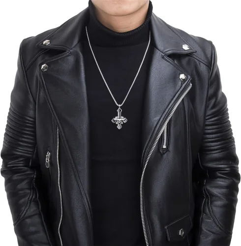 Miniatura 6 de ELFASIO Collar de cruz invertida de acero inoxidable para hombres y mujeres, diseño de cruz del diablo, cadena con colgante de cruz satánica al