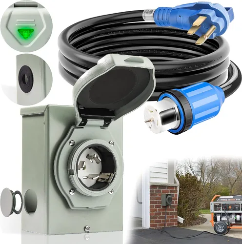Miniatura 9 de Cable generador de 30 amperios y caja de entrada de alimentación [preperforada], cables de generador de 25 pies de 30 amperios, 125/250 voltios
