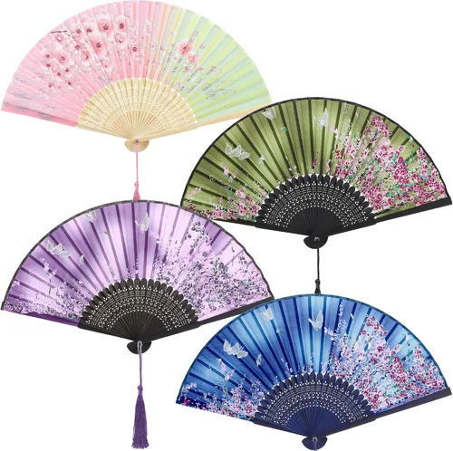 Miniatura 9 de Aneco 4 ventiladores plegables de mano, abanicos de tela de seda, abanicos de mano para bodas, fiestas, regalos, decoración de pared