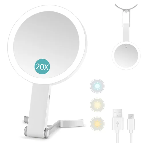 MIYADIVA Espejo de aumento con luz, espejo de maquillaje de aumento 20X con mano, espejo de viaje con luces y aumento, espejo de escritorio de 3