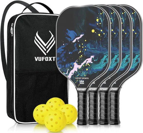 Pickleball Paddles Set of 2/4, USAPA Approved Carbon Fiber Surface Pickle Ball Set - 14mm PP Honeycomb Core of Lightweight Pickleball Rackets Azul