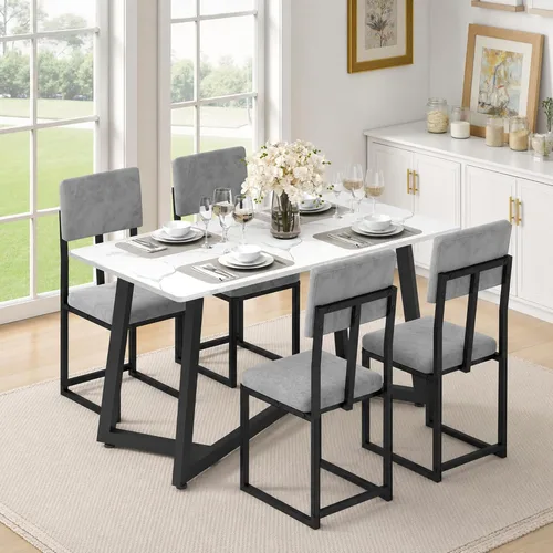 Miniatura 8 de Juego de mesa de comedor de 5 piezas para 4, mesa de cocina de mármol sintético de 47.24 pulgadas con 4 sillas tapizadas de lino, juego de mesa