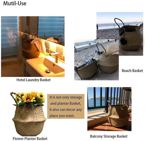 Miniatura 4 de AchNau - Canasta tejida de hierba marina natural, plegable, con asas, para almacenamiento, juguetes, lavandería, guardería, maceta, decorativa, S