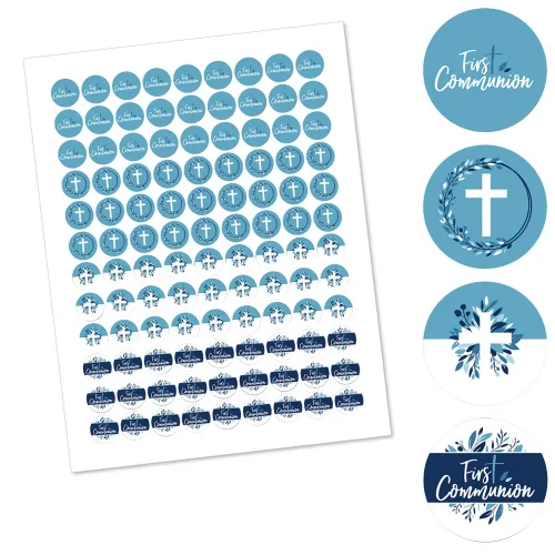 Miniatura 2 de Big Dot of Happiness First Communion Blue Elegant Cross - Adhesivo redondo para fiesta religiosa para niños, etiquetas para dulces de chocolate
