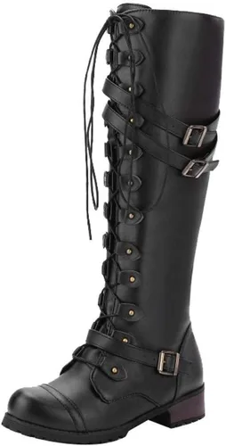 Botas hasta la rodilla de piel sintética para mujer, con cordones, estilo gótico, vintage, punk, hebilla militar, combate, tacón apilado, botas
