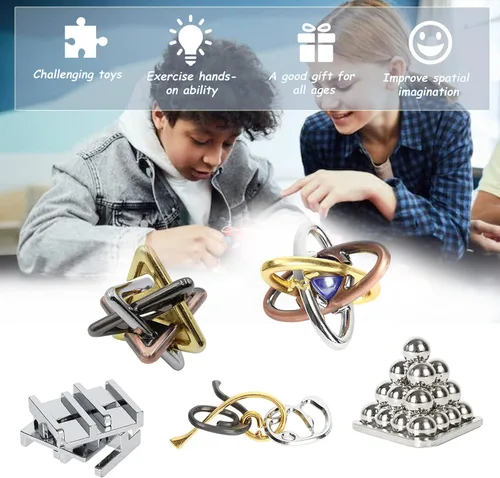 Miniatura 7 de 5 unids/set rompecabezas de metal rompecabezas conjuntos, 3D desbloqueo rompecabezas entrelazado, nudo de metal rompecabezas juegos mentales, regalo