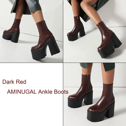Miniatura 3 de AMINUGAL Botas de tobillo de plataforma para mujer, tacón grueso, con cremallera, punta redonda, tacón alto, punk, para motocicleta, trabajo
