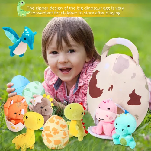 Miniatura 5 de Zhanmai 11 piezas de juguete de dinosaurio de Pascua de peluche pequeño y bolsa de huevos Dino de peluche lindo juguete de dinosaurio de peluche