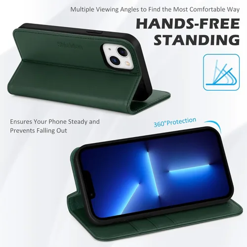 Miniatura 5 de SHIELDON Funda para iPhone 13, funda plegable de piel auténtica con función atril con bloqueo RFID, ranuras para tarjetas, funda magnética a prueba