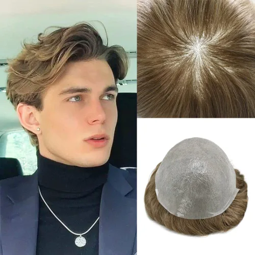 Miniatura 70 de Tupé para hombre, extensiones de cabello humano Remy para hombre, piel fina, 0.002 in, sistema de reemplazo de cabello con bucle en V para hombres