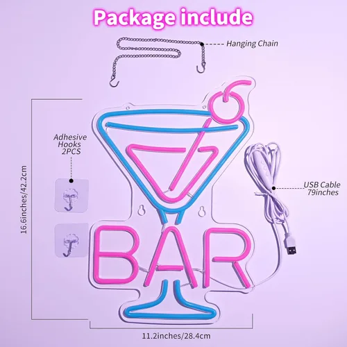 Miniatura 6 de Letrero de neón para bar de cócteles – Luz de barra LED de vidrio de Martini, arte de pared retro para el hogar, decoración de bar regulable