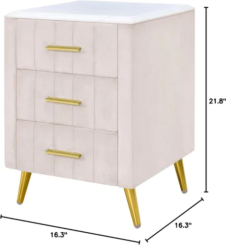 Miniatura 2 de Mesita de noche de terciopelo SOFTSEA con 3 cajones, mesita de noche tapizada con tapa de mármol sintético, mueble de mesa auxiliar, mesita de noche