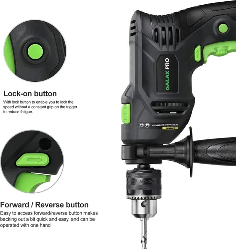 Miniatura 7 de GALAX PRO Taladro martillo de 5 amperios de 1/2 pulgada con 105 accesorios, velocidad variable 0-3000, martillo y taladro 2 funciones en 1, mango