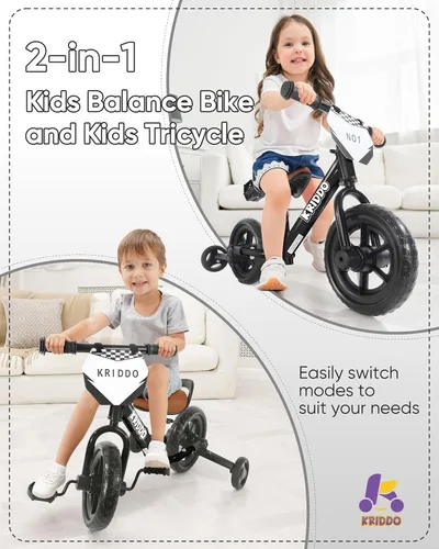 Miniatura 2 de KRIDDO - Triciclo 2 en 1 para niños y bicicleta de equilibrio para niños de 2 años, pedales desmontables y ruedas de entrenamiento guardables, placa