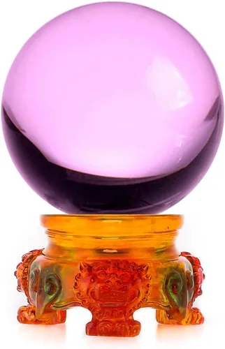 Miniatura 23 de Amlong Crystal bola de cristal de 3 pulgadas (80 milímetros) con base de secoya con diseño de león Morado