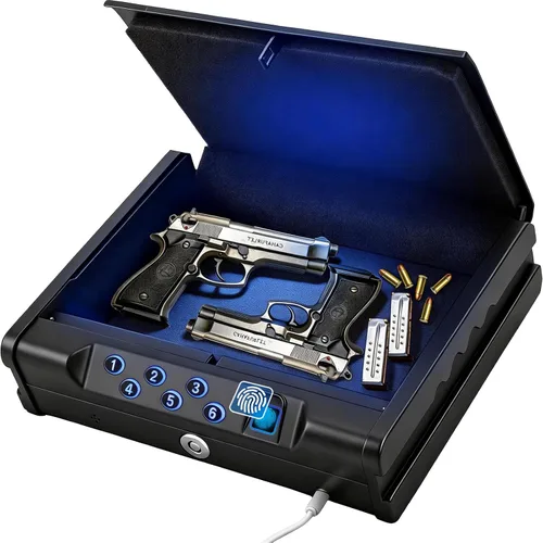 Caja fuerte biométrica para armas de fuego con 3 formas de desbloqueo - Acceso rápido por huella dactilar ≤0.1s, función de aviso de voz, caja de