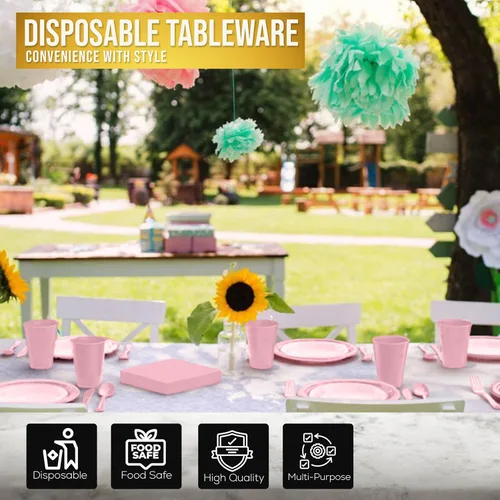 Miniatura 5 de 350 piezas de platos de plástico rosa para fiestas, juego de platos desechables rosados, 50 de cada plato de cena de 9 pulgadas, plato de postre