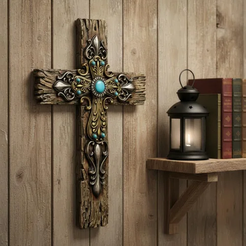Miniatura 6 de Comfy Hour Cruz de pared de madera sintética rústica de 12 pulgadas con detalles turquesa, placa religiosa victoriana ornamentada, decoración