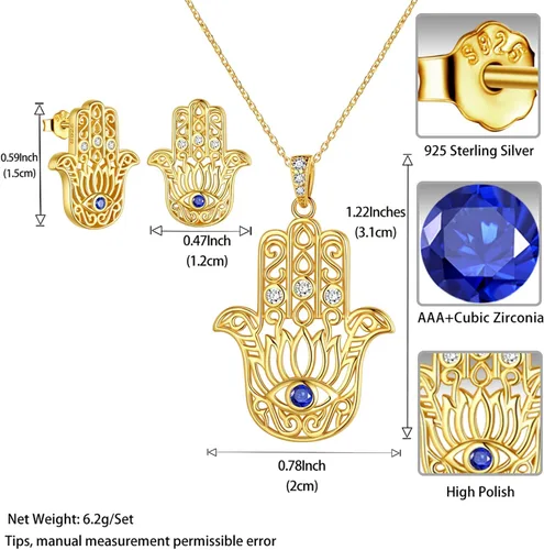 Miniatura 6 de Anillo de ojo malvado de Hamsa Mano de Fátima con diseño de loto de yoga, pendientes y colgante de plata de ley 925, oro de 18 quilates, chapado
