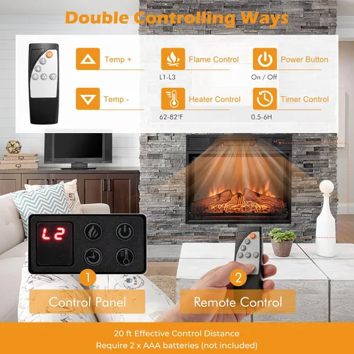 Miniatura 6 de Tangkula Chimenea Eléctrica Empotrable de 23 Pulgadas, Chimenea Empotrada con 3 Efectos de Llama LED Realistas, Control Remoto, Temporizador de 30