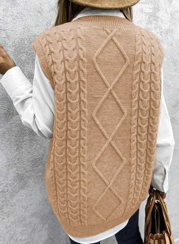 Miniatura 3 de NALANISA Suéter sin mangas con cuello en V para mujer, de gran tamaño, casual, holgado, de punto trenzado, sin botones, para otoño e invierno