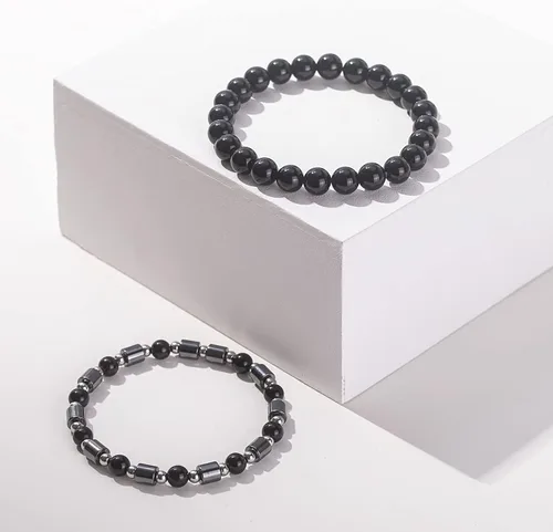 Miniatura 3 de Lynnaneo Juego de pulseras de cuentas para hombre de 0.315 in y 0.157 in de piedras preciosas curativas trenzadas con dije de circonita cúbica