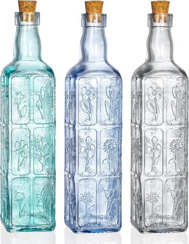 Noamus Paquete de 3 jarrones vintage con corchos, botellas de vidrio coloridas en relieve, florero de vidrio decorativo de color para jardín,