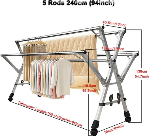 Miniatura 7 de Estante de secado de ropa ajustable de 5 bares, soporte plegable de acero inoxidable con ruedas bloqueables, extensible de 59 a 94.5 pulgadas