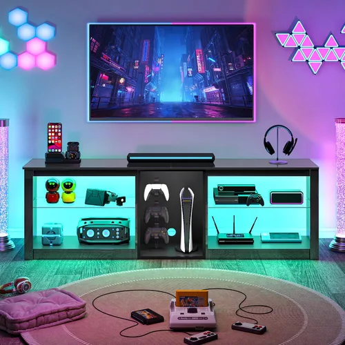 Miniatura 2 de Clikuutory Moderno soporte de TV de 63 pulgadas con luces LED para televisores de 50, 55, 60, 65, 70, 75 pulgadas, centro de entretenimiento de alto