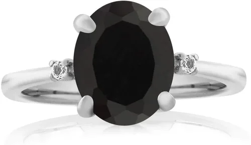 Miniatura 2 de Gem Stone King Anillo de compromiso de plata de ley 925 con ónix negro y diamante blanco para mujer